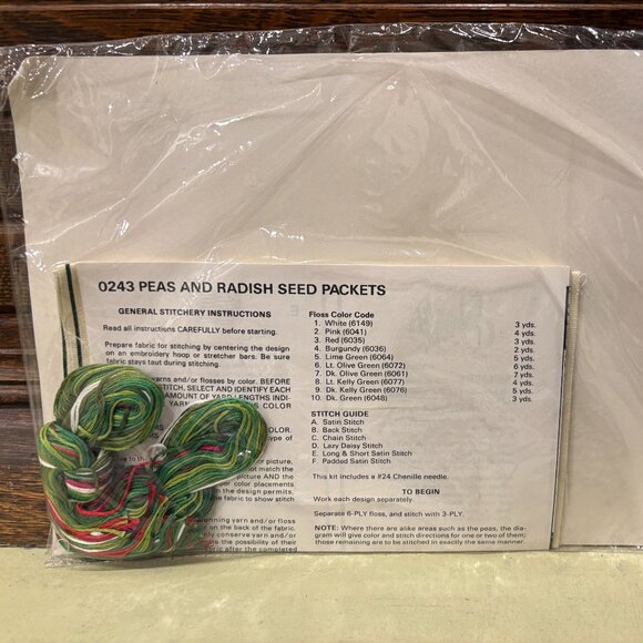 Vintage Creative Circle Kit# 0243 Peas and Radish Seed Packet Embroidery Crewel - Picture 2 of 3